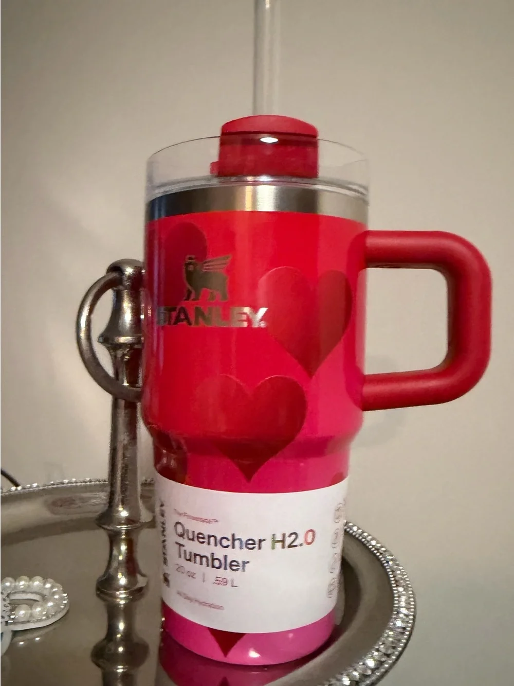 Stanley Red and Pink Heart Stainless Tumbler with Handle valentine’s Day